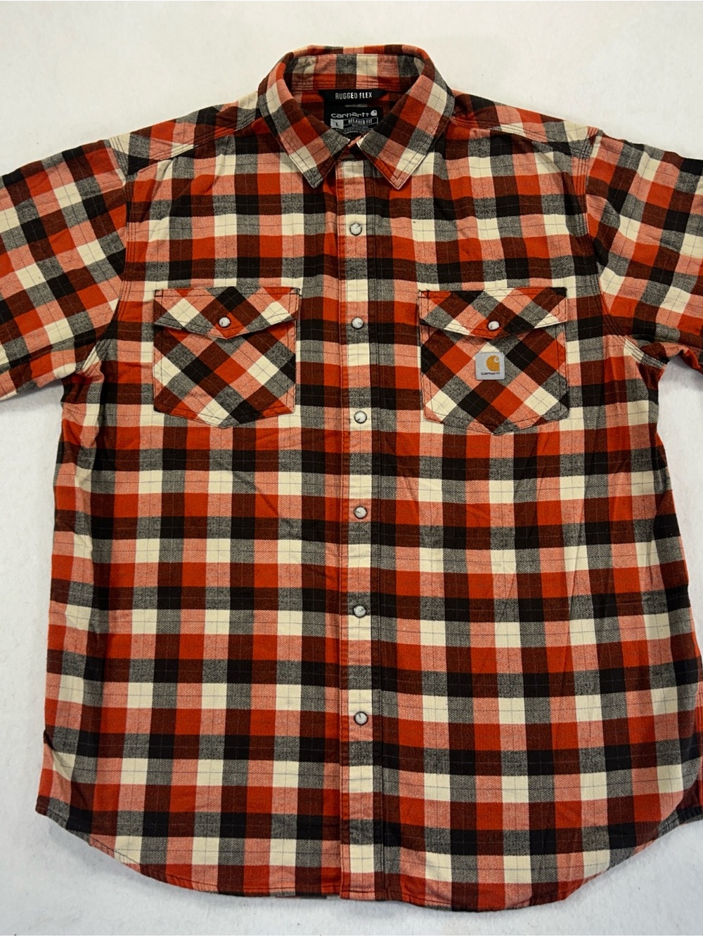 Carhartt Rugged Flex Mens Large Plaid Pearl Snap Flannel Shirt Orange Black